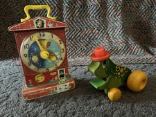 Vintage Fisher Price Toys Lot of 2 -Music Box Teaching Clock & Jolly Jumper Frog