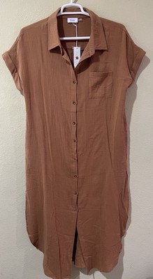BluIvy TAN Gauze Pockets Maxi Shirt Dress L Button Front Lounge Boho Resort h1
