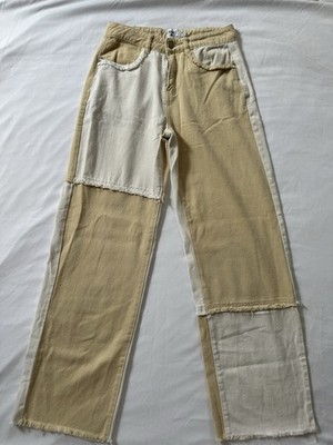 Princess Polly Straight Jeans Beige White Denim Patch Pocket Fringe Women
