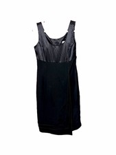 Vintage Black Satin Pencil Dress Sleeveless Scoop Neck Zip Knee Length Womens 4