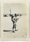 WWII Soldier in Gas Mask Rifle Military Drill “Gas” Note Vintage Snapshot Photo
