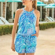 LILLY PULITZER Lala Halter Romper Blue Haven Hey Soliel Sz M