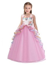 Girls Princess Dress Unicorn Outfits Sleeveless Rainbow Party 4-5T Pink