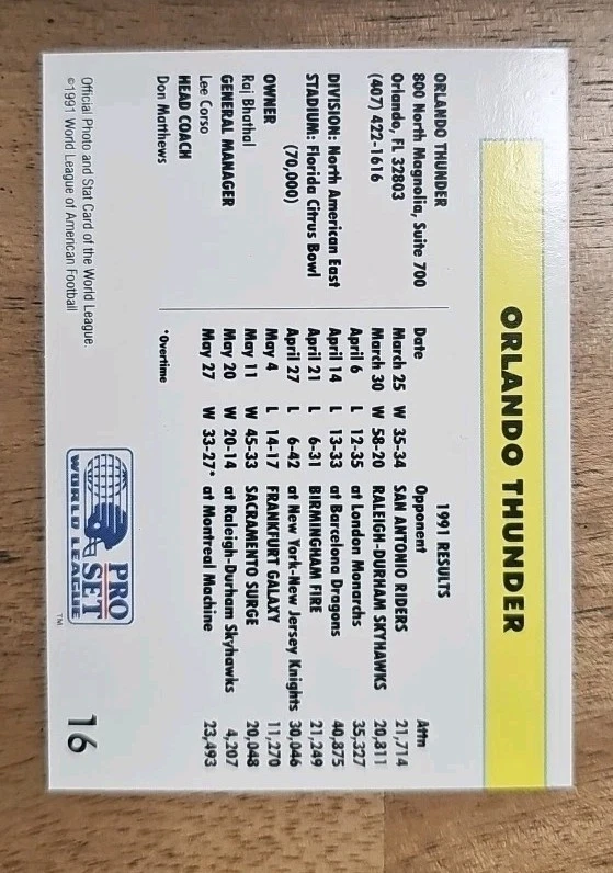 1991 Pro Set WLAF - Orlando Thunder #16 LEE CORSO- General Manager - Image 2 of 4