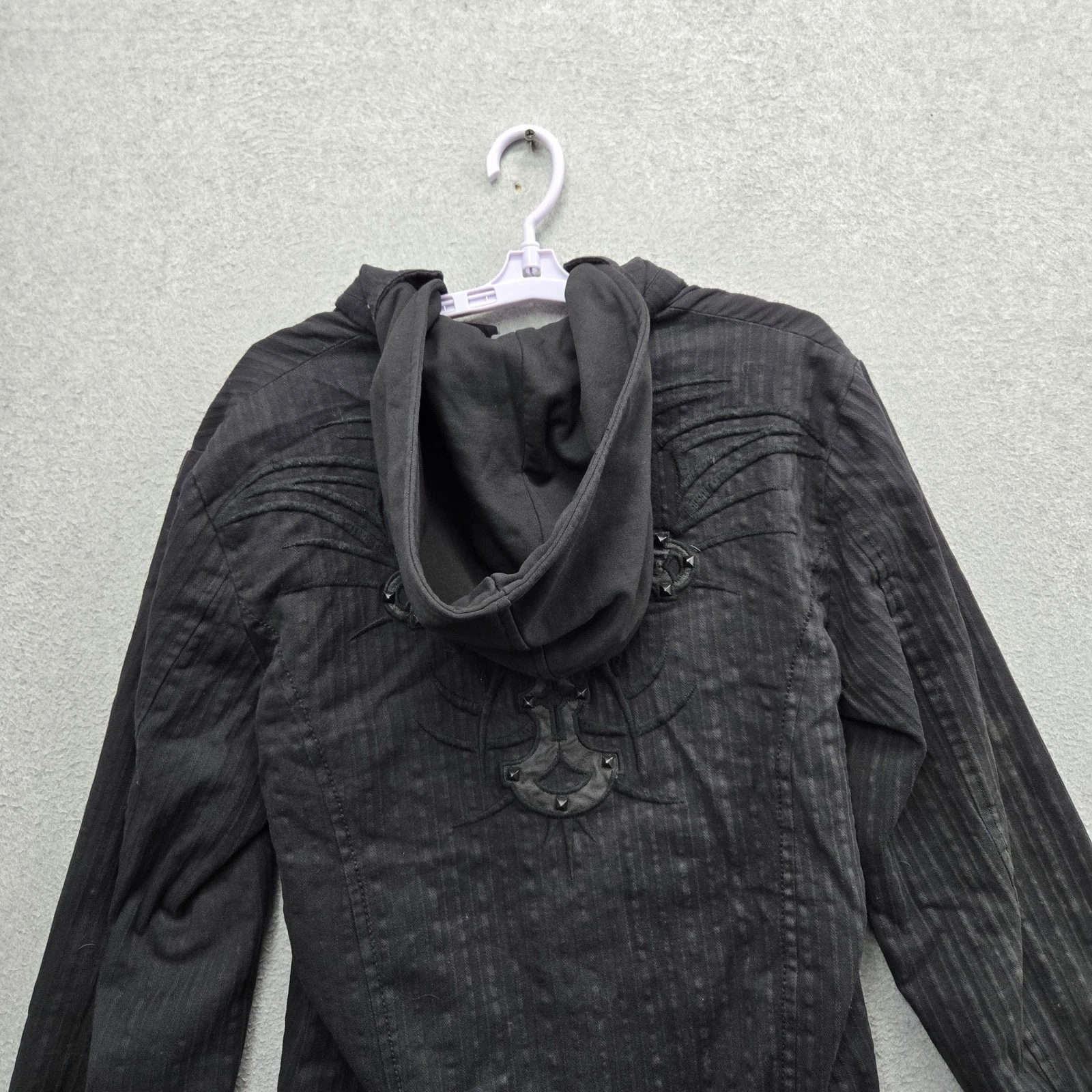 Roar Men Jacket S Black Embroidered Cross Devote Hooded Blazer Y2K Grunge image 8