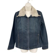 FDJ Sherpa Collar Denim Jacket Women Western Preppy Work Pockets Blue Zip Size M