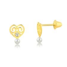 18k Solid Gold Heart Cubic Zircon Pearl Push Back Stud Earrings Infants Toddlers