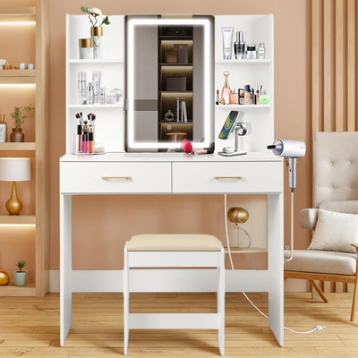 Lighted Makeup Vanity Desk with Power Outlet & Stool, White Dressing Table with 