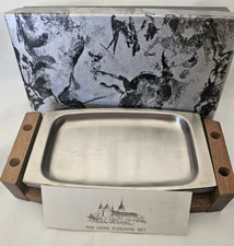 Rosewood & Stainless Steel Hors D'oeuvre Set 4 Trays w/Caddie in Original Box