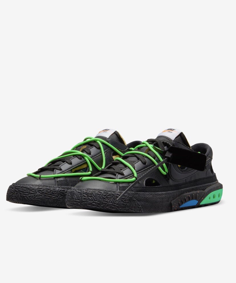 OFF WHITE X NIKE Blazer Nike basso x bianco sporco nero ed elettroverde UK taglia 10 5