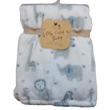 Adirondack My Cozy Baby Gray Safari Elephant Lion Fleece Blanket Boys White NWT