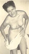 Original Vintage 1940s-60s Nude RP- Black Woman- Dries Off With Towel- Smile