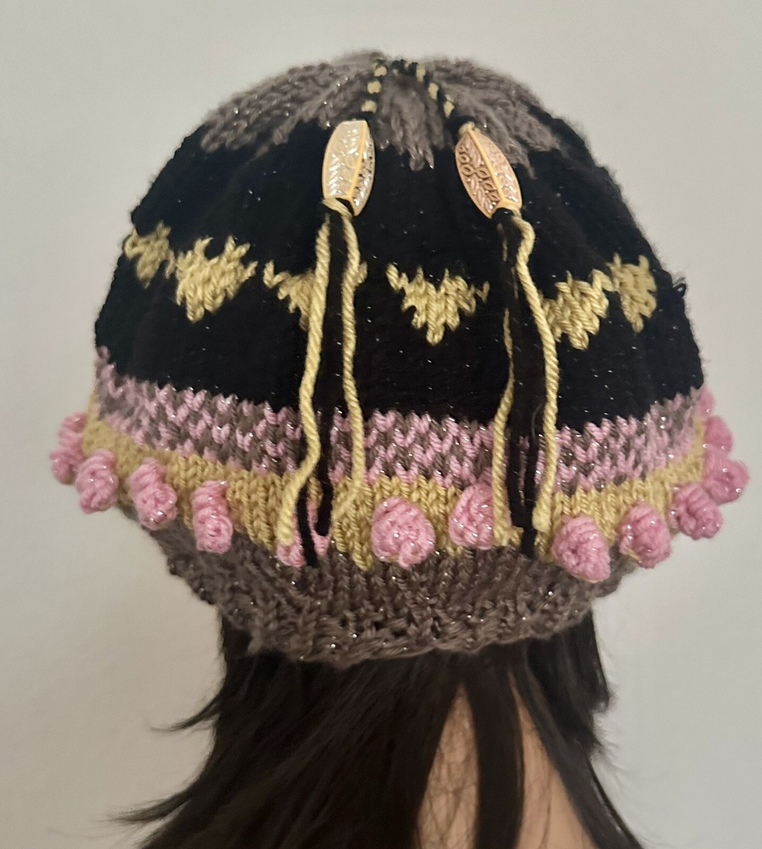 Hand Knits 2 Love Slouch Hat Beanie Fair-isle Decorative Beads Designer Bubble Bubble Beanie Hat Knitting Pattern - Studio Knit main image 4