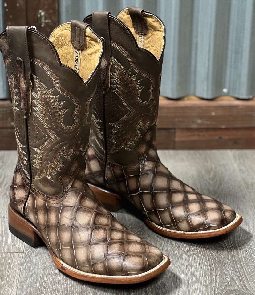 MEN'S RODEO COWBOY FISH PIRARUCU PRINT WESTERN SQUARE TOE BOOTS COGNAC ...