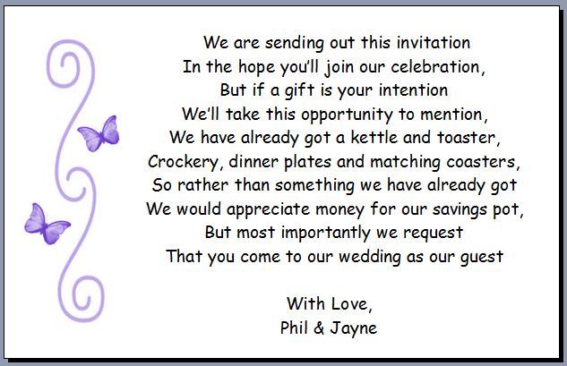 50 Hochzeit Gedichtkarten Geld für Spartopf anfordern - lila Schmetterlingsdesign