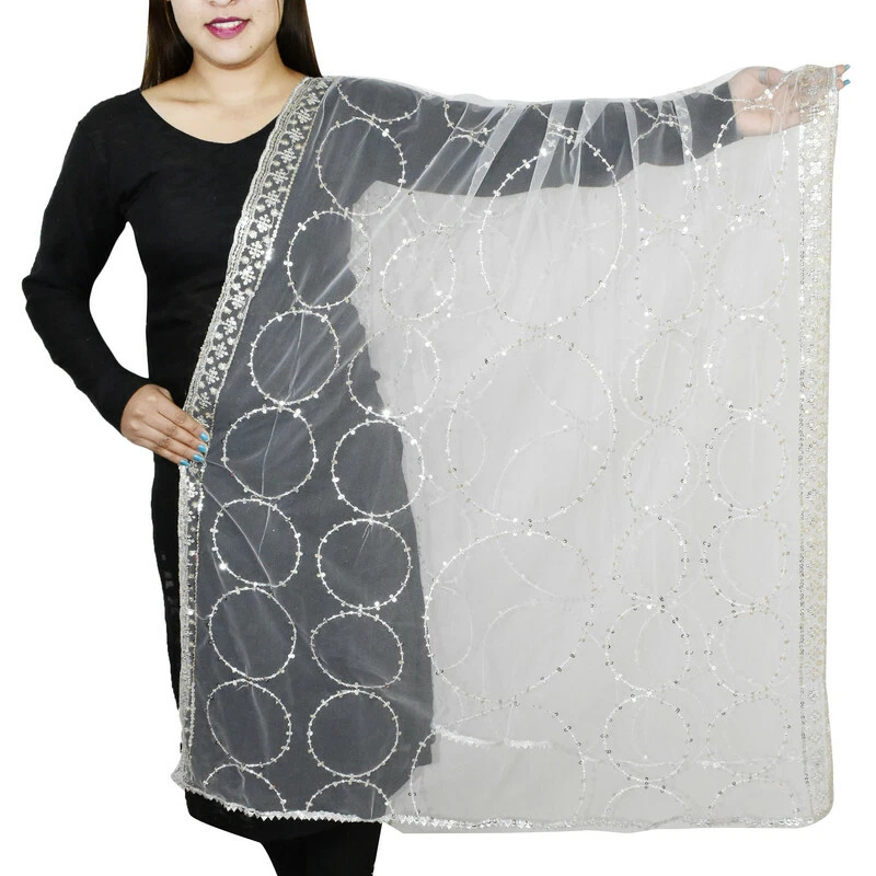 Womanu0026#039;s Embroidered Net Dupatta with Sequinned Scarf Shawls Wrap  Bridal Wedding | eBay