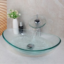 Bathroom Oval Tempered Glass Vessel Sink Set Waterfall Mixer Tap Chrome Faucet