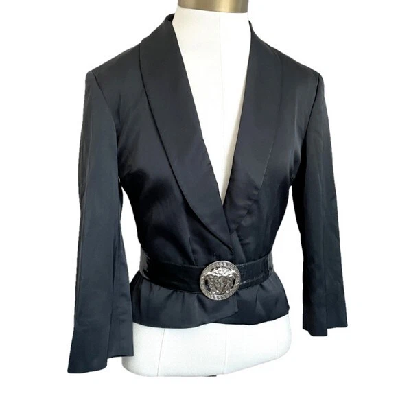 Tuta vintage Y2K Versace nera in raso blazer gonna con cintura Medusa S M