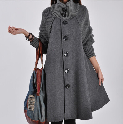 Women New High Neck Wool Trench Coat Mid-Length Cape Coat