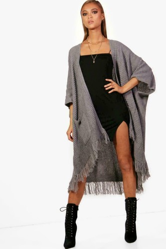 Women’s Ladies Cardigan Oversized Ribbed Knitted Pocket Long Cape Tassels - Picture 3 of 5