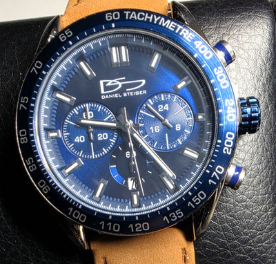 Daniel Steiger Chronograph Quartz Blue Dial Tachymeter Brown Leather Watch