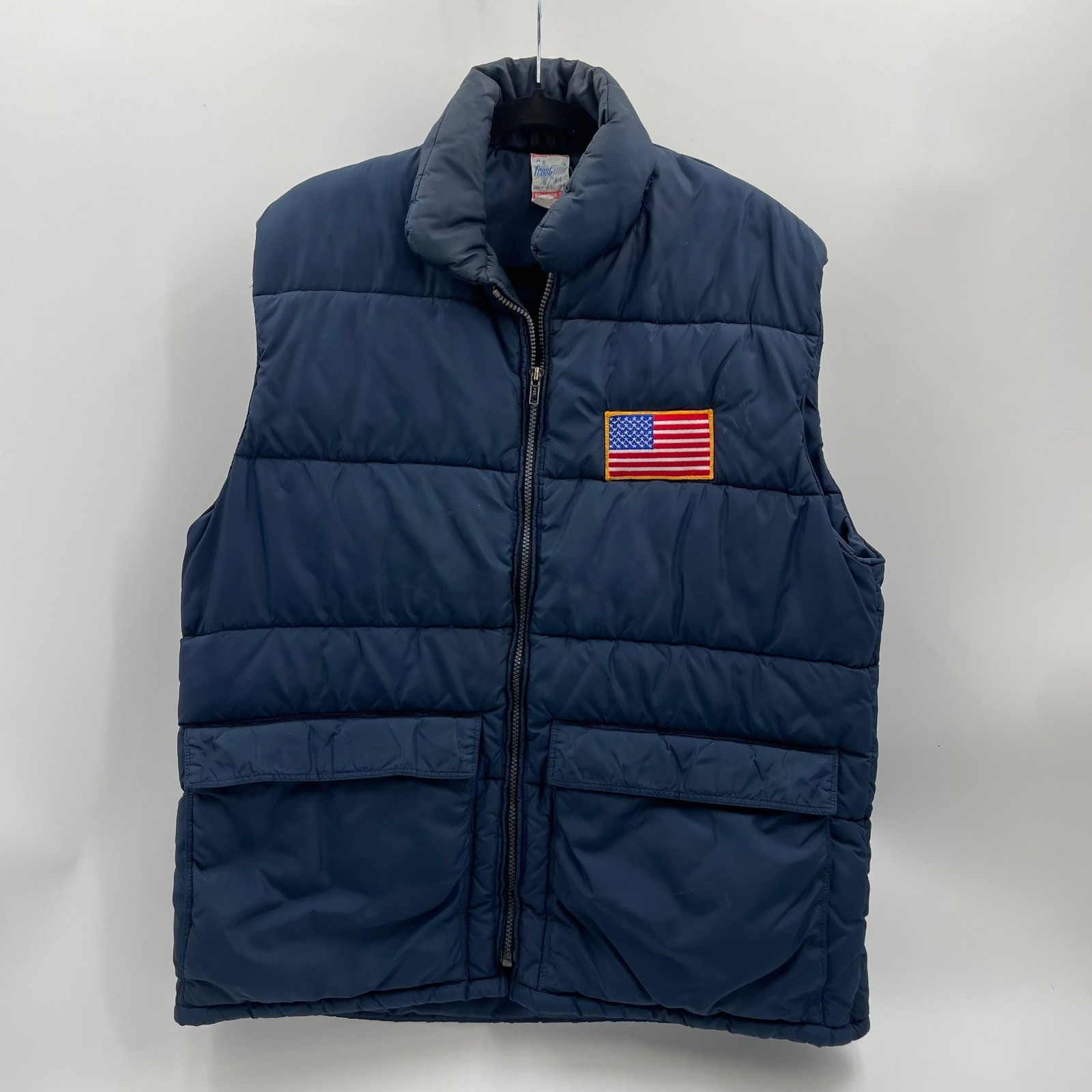 Vintage Frostline Kit Vest Mens Puffer Navy Blue American Flag Patch Outdoors XL