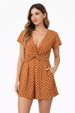 Leith Polka Dot Romper Twist Front V-Neck Rust Orange Size Small Summer Ready