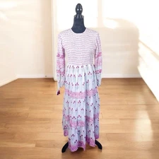 Oliphant Smocked Long Sleeve Block Print Maxi Dress in Pink Size Small