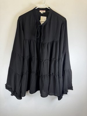 NWT Andre by Unit Womens Top 1X Solid Black Relaxed Flared Sleeve Tiered Ruffle