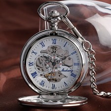 Men's Smooth Silver Roman Numerals Automatic Mechanical Pocket Watch Chain Gifts