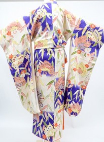 Japanese Vintage Kimono Furisode Silk Gold Embroidery Butterfly Flower eb-918