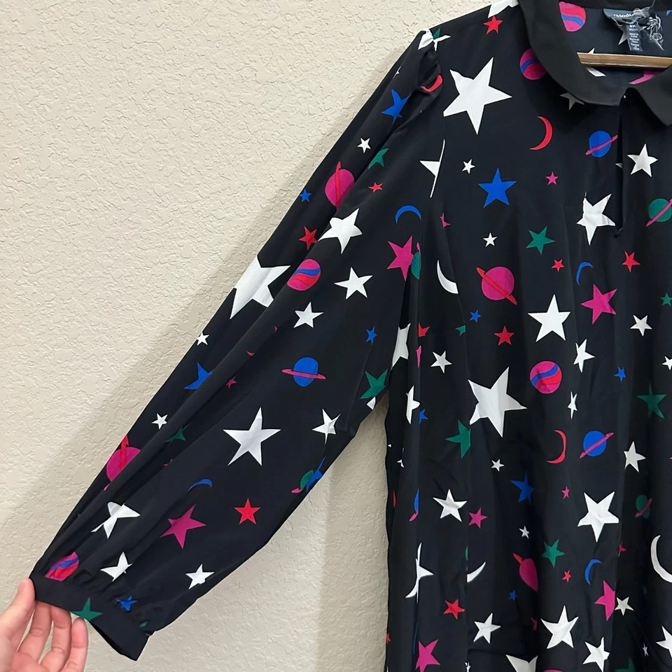 MODCLOTH Mini Shift Dress Women 3X Plus Black Stars Celestial Galaxy Puff Sleeve - Image 4 of 4