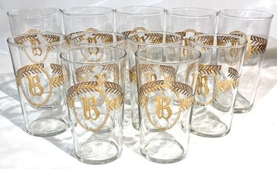 VINTAGE SET 11 GOLD ETCHED LETTER B MONOGRAMMED DRINKING COCTAIL GLASSES LIBBY