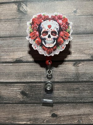 Sugar Skull & Roses Acrylic Badge Reel Name Badge ID Holder