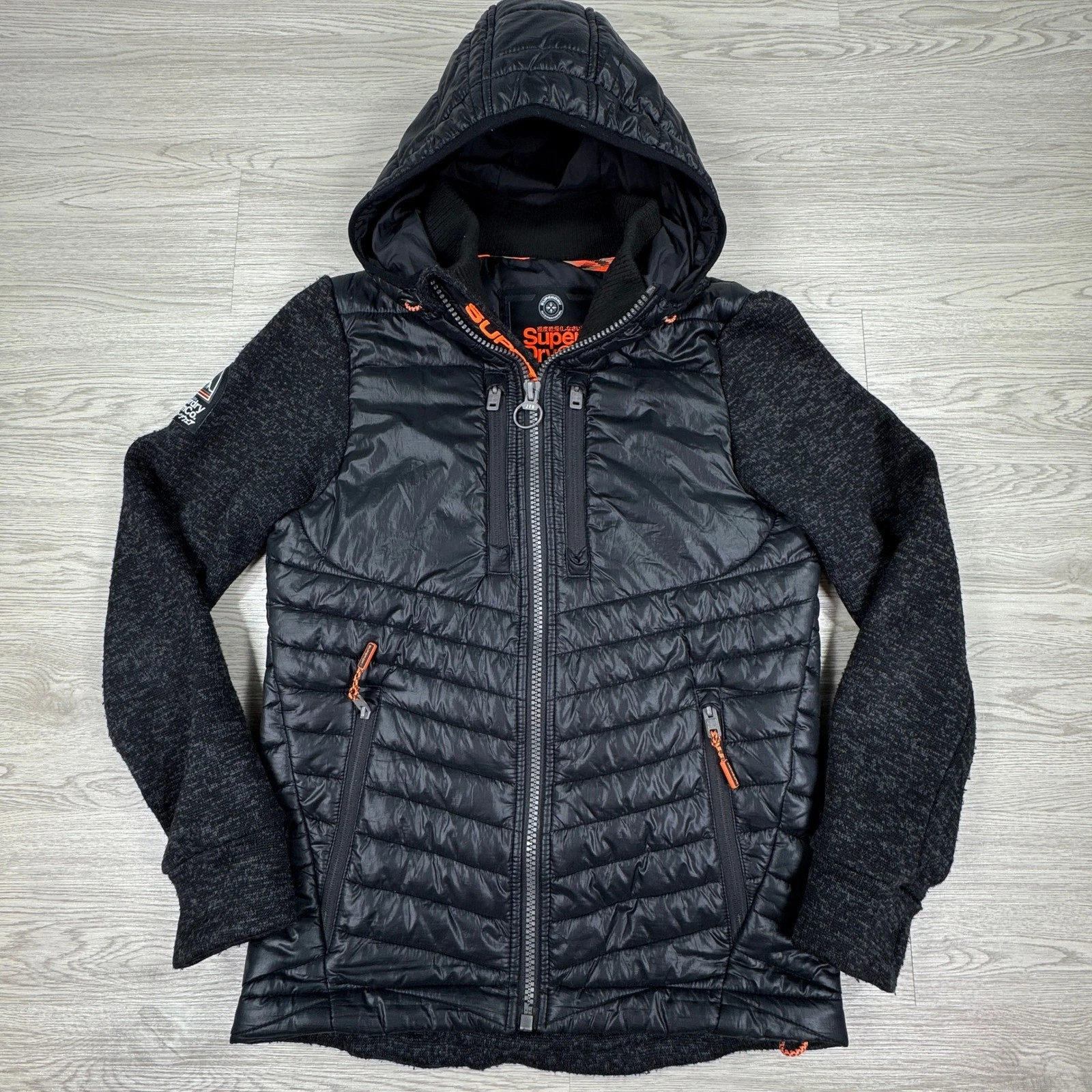 Superdry Mens Jacket Storm Hybrid Quilted Puffer Hooded Black Small Full Zip