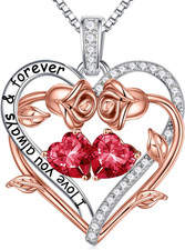 Rose Heart Double Birthstone Necklace Gifts for Wife Girlfriend Her Women, Birth
