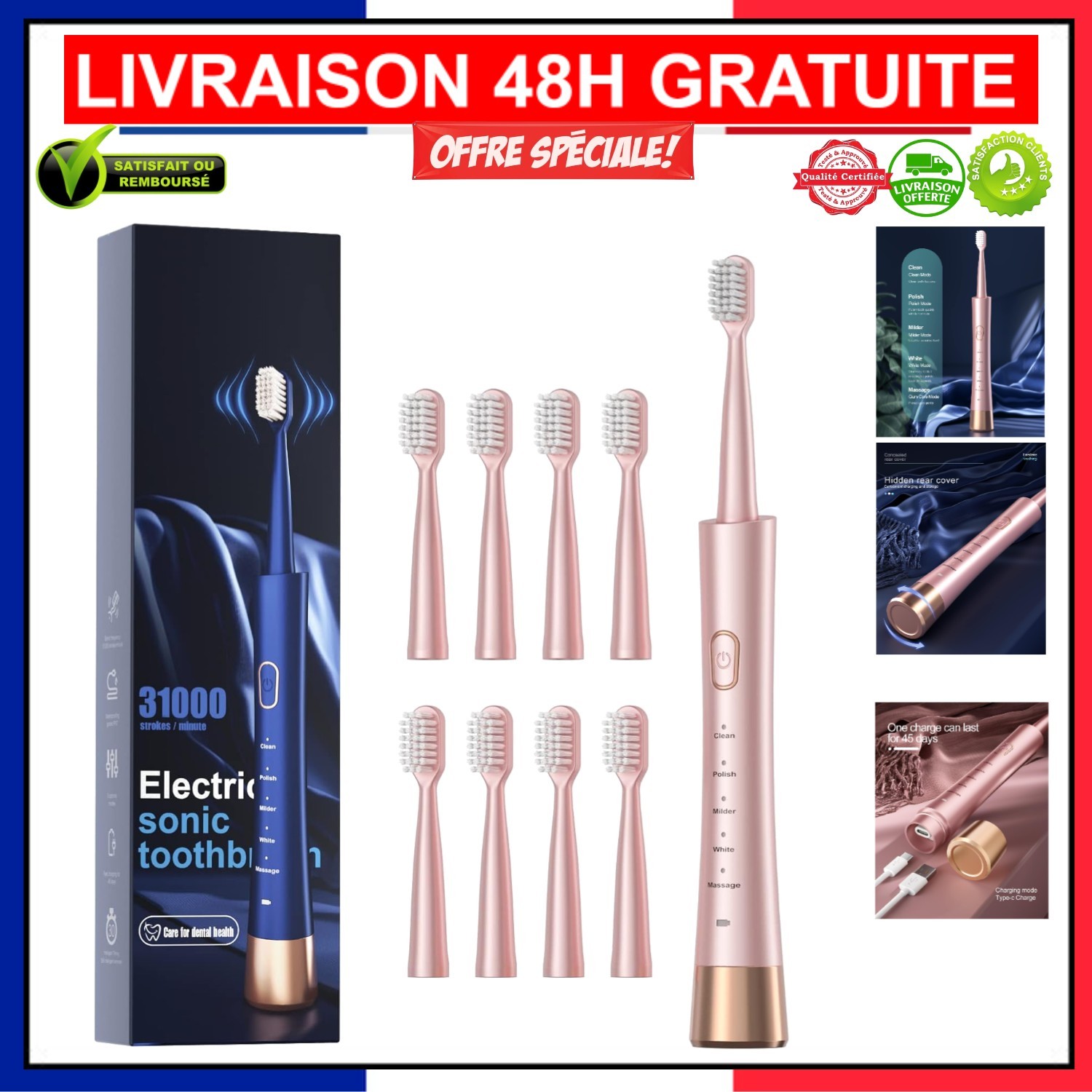 Brosse à dents électrique sonic adulte minuterie intelligente 8 têtes rechargeables