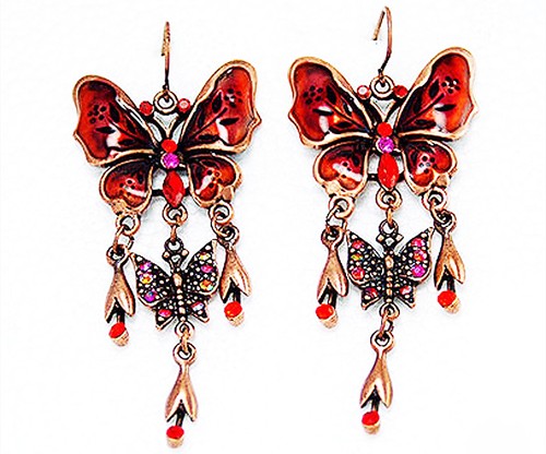 DESIGNER INSPIRED 2.5" RED CRYSTAL ENAMEL DROP BUTTERFLY HOOK GOLD EARRINGS NEW - Picture 2 of 2