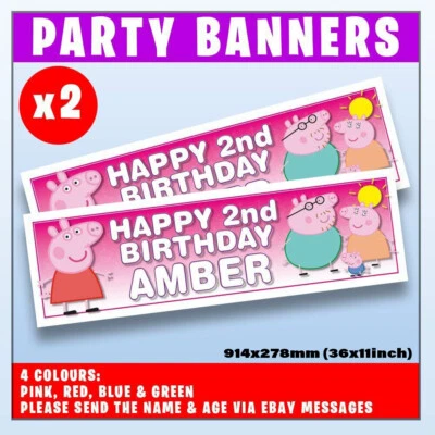 2x PERSONALISED PEPPA PIG BANNER BANNERS BIRTHDAY PARTY ANY NAME ANY AGE 36x11"