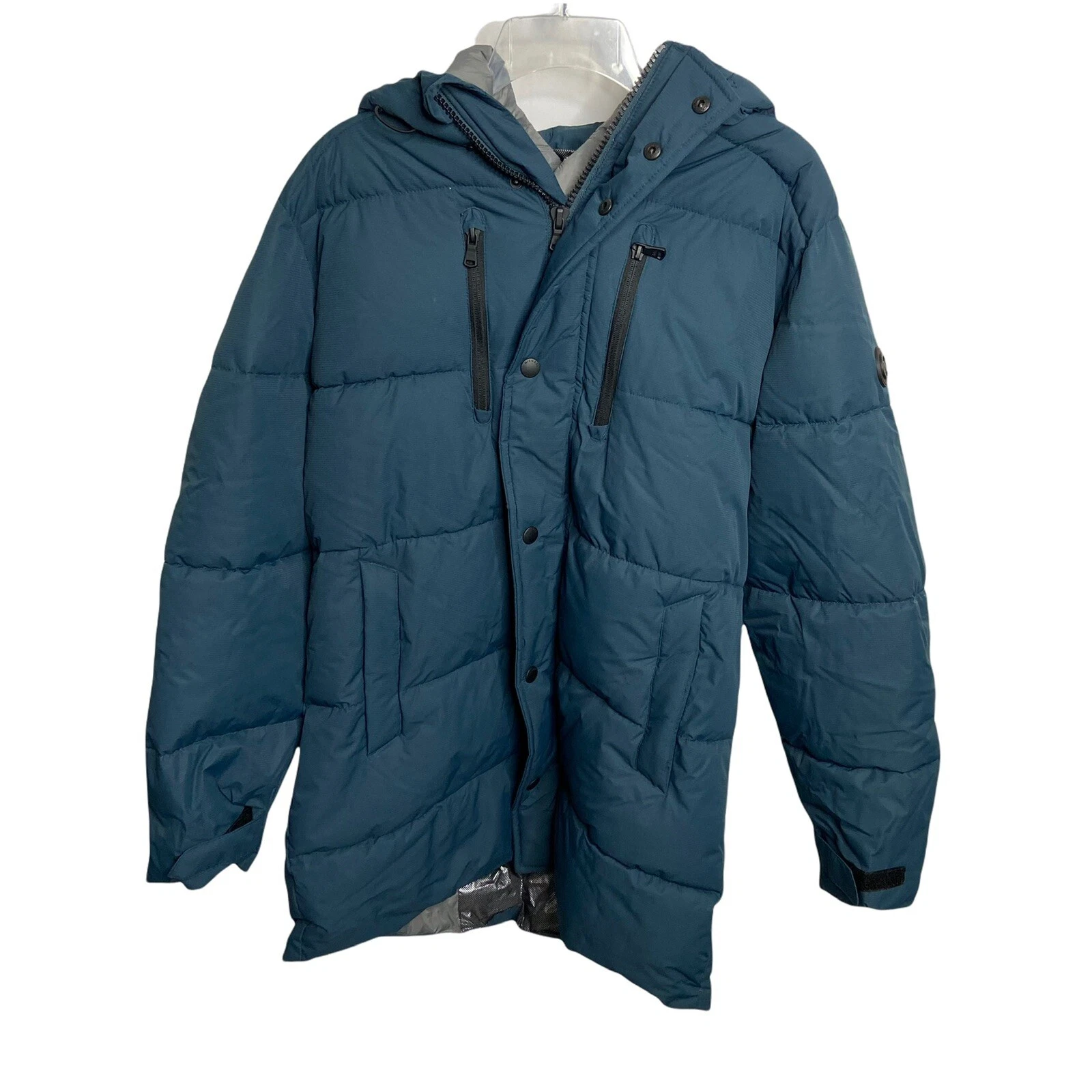 Cappotto tampone spesso Michael Kors nuovo con etichette grigio ardesia cappuccio blu $350 da uomo