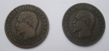 1854 2 French Empire 5 Centimes copper Coins Napoleon lll, Condition Very Fine