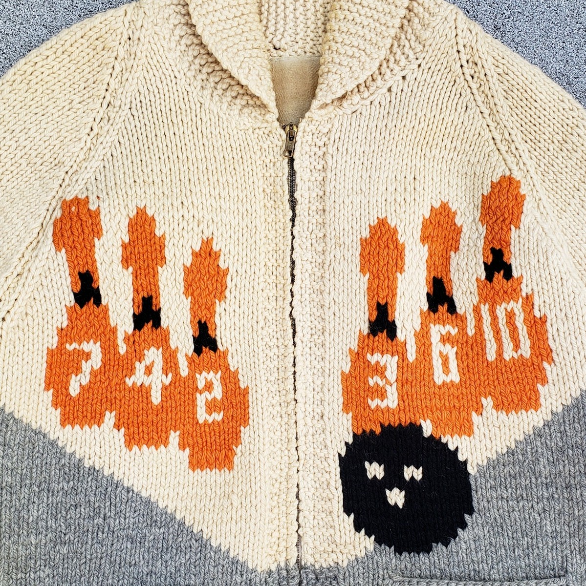 Vtg 50s Bowling Wool Shawl Collar Sweater Zip Up Cardigan