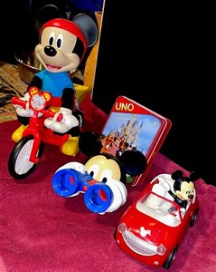 Mix Lot Of 4 Disney Mickey Mouse Riding Bike/  Binoculars / Uno Cards/ Car