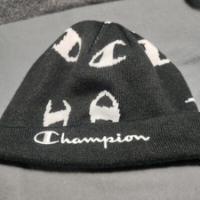 Champion Logo All Over Black Reversible Beanie knit Hat One Size