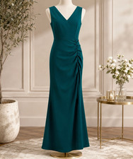 Windsor Teal Solid V-Neck Ruched Sleeveless Long Gown Dress, Women’s XS