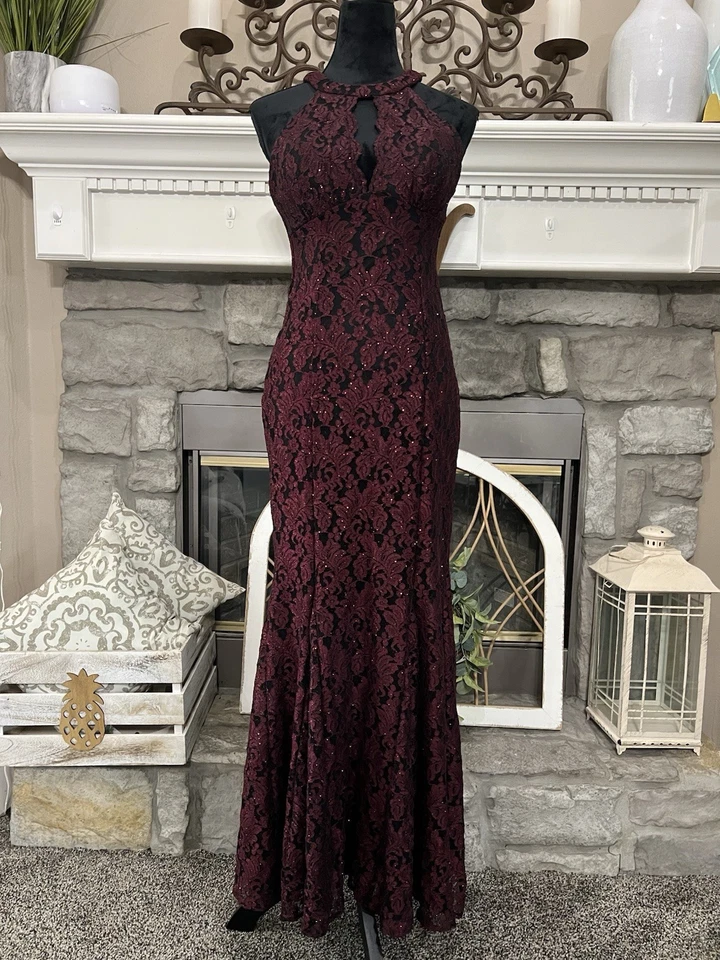 Vtg Y2K Lace Mesh Maxi Gown Prom Sz 8 Burgundy Black Mermaid Dress Whimsigoth - Image 2 of 4