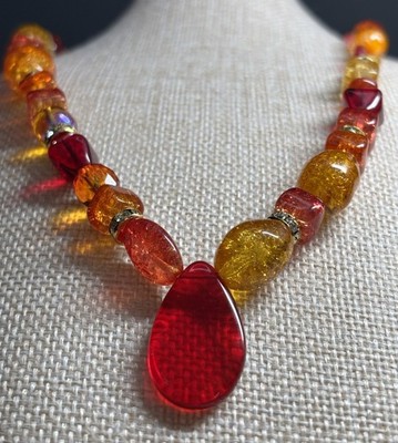 Handcrafted Beaded Glass Necklace, Red Teardrop Pendant, colors of a sunset 