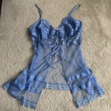 Vintage Victoria's Secret Y2K Sheer Blue Fly-Away Babydoll Lingerie Fairy Medium
