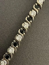 FAS Brand Black & Clear Stone Tennis Bracelet Gold Over 925 Sterling Silver 7”