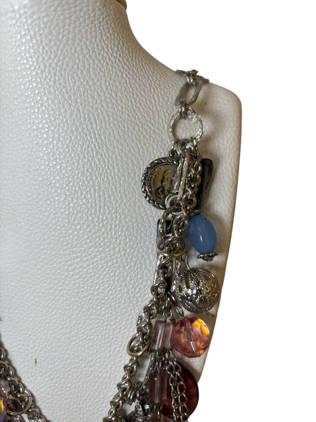 Statement Charm Necklace Silver Tone Multi Bead C… - image 6